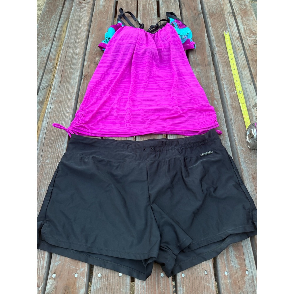 Free Country Women's Pink & Turquoise Swim Tankini with Black Swim Shorts